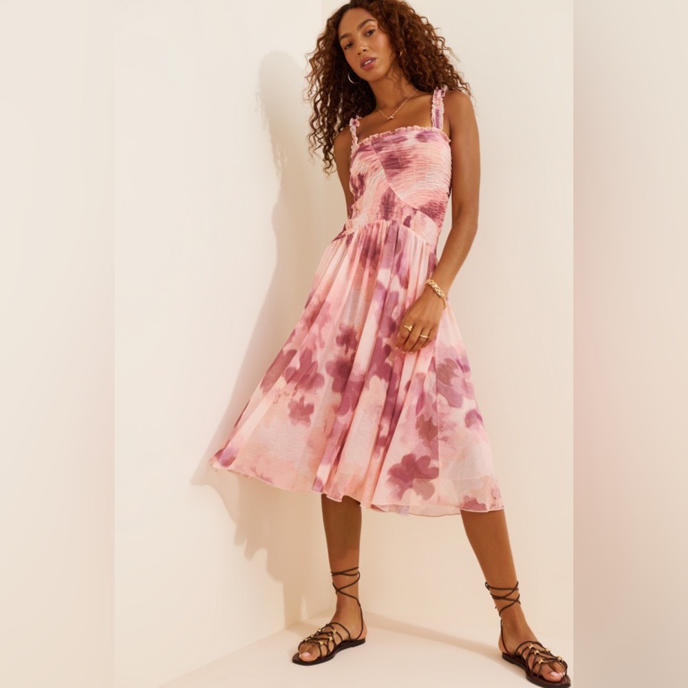 Free People Tessa Smocked Midi Dress Blush Pink Watercolor Pattern NWT Size L - Picture 4 of 12